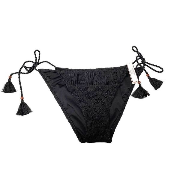 Victoria’s Secret Boho Crochet Tassel Side Tie Bikini Bottom Black Size L - Picture 1 of 5